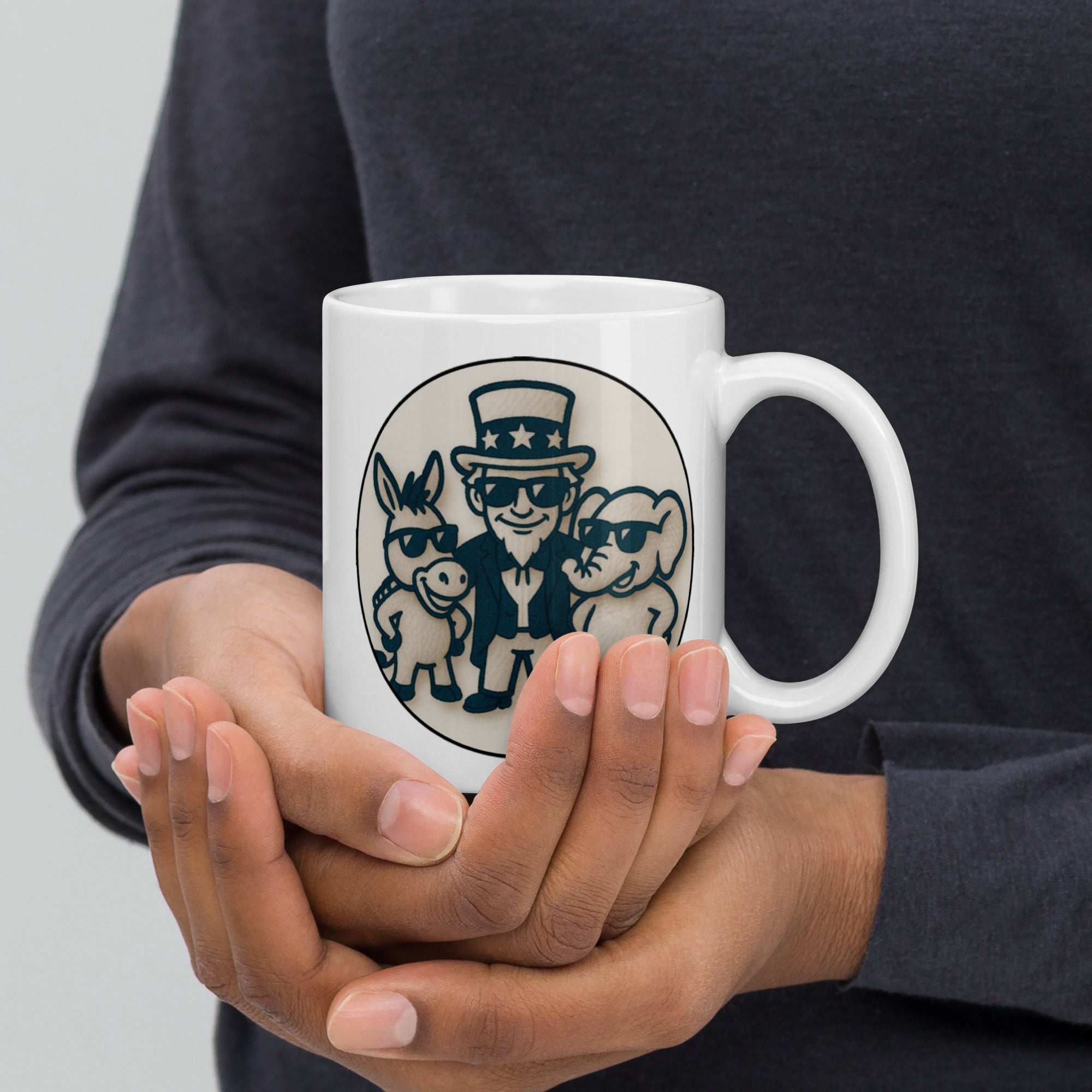 Stuck Between a Donkey and an Elephant - White glossy mug
