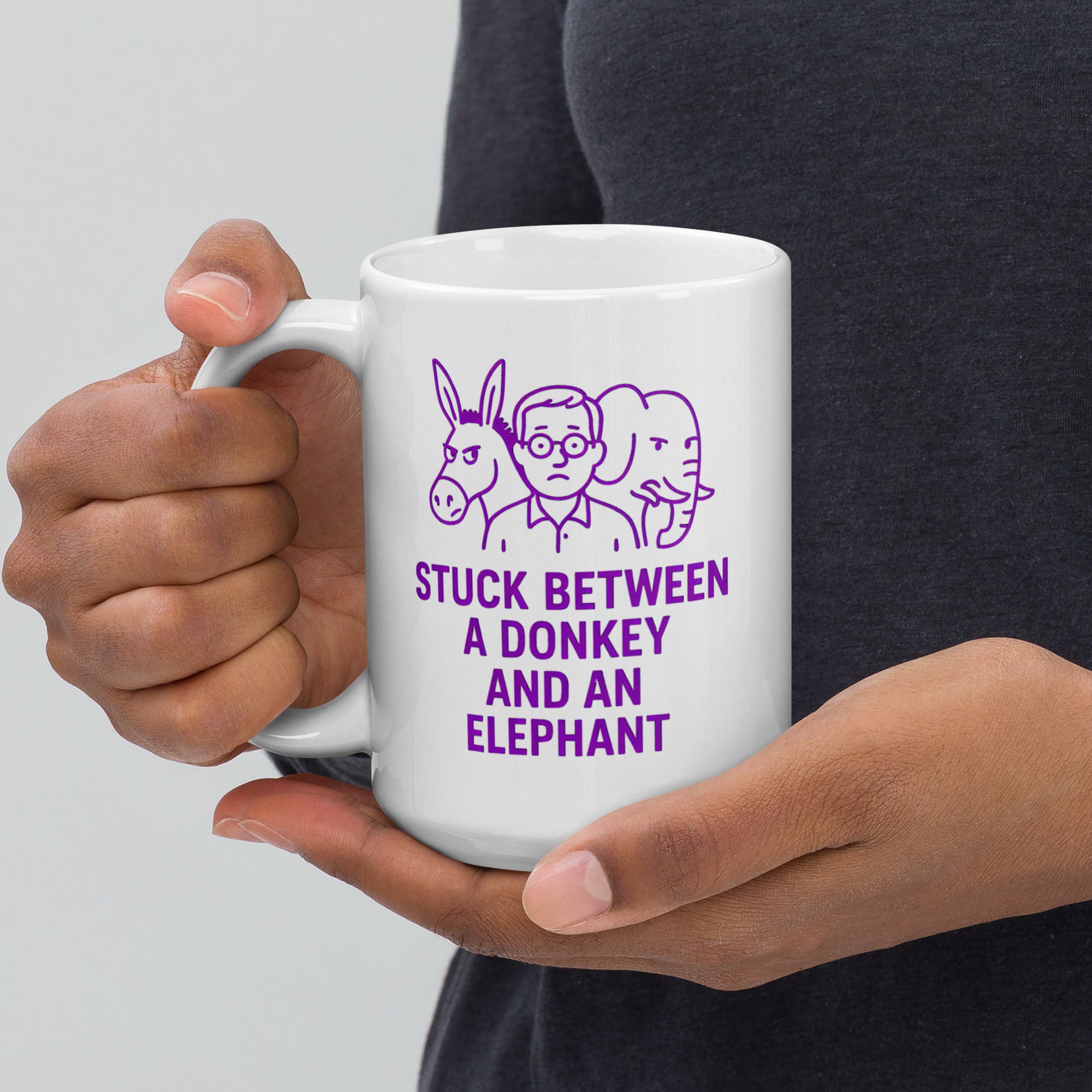 Stuck Between a Donkey and an Elephant - White glossy mug