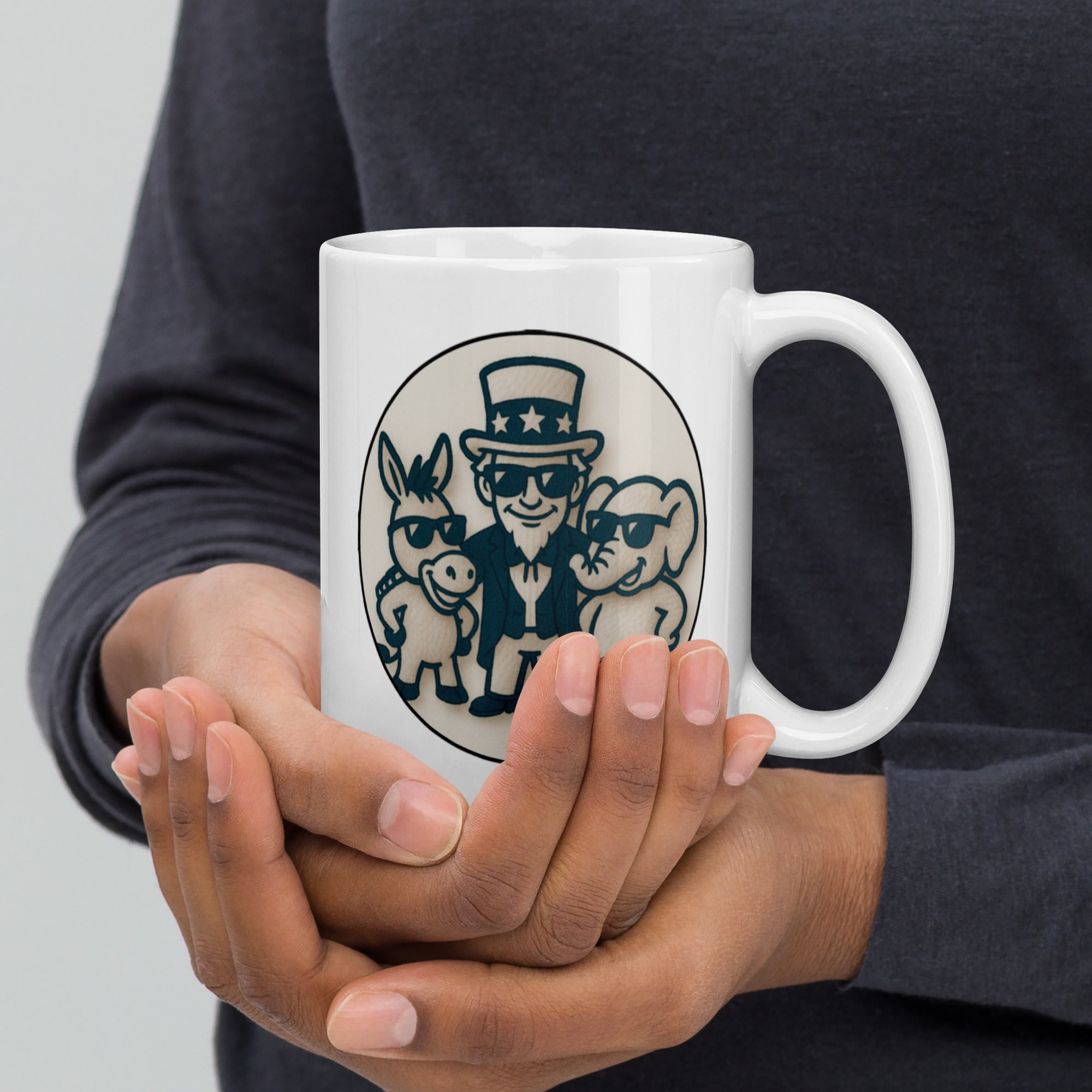 Stuck Between a Donkey and an Elephant - White glossy mug