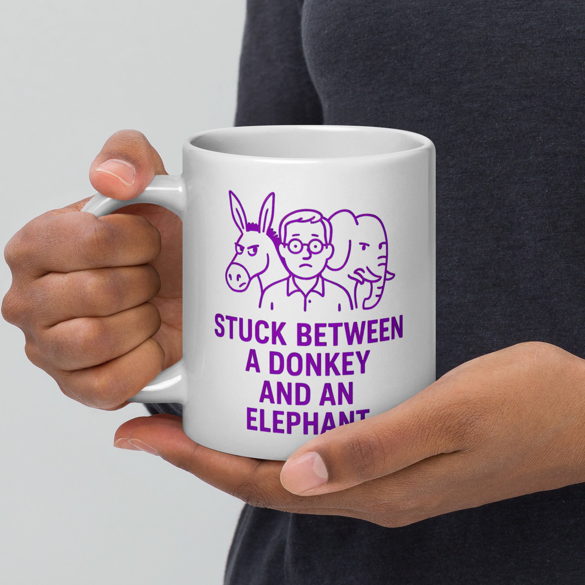 Stuck Between a Donkey and an Elephant - White glossy mug