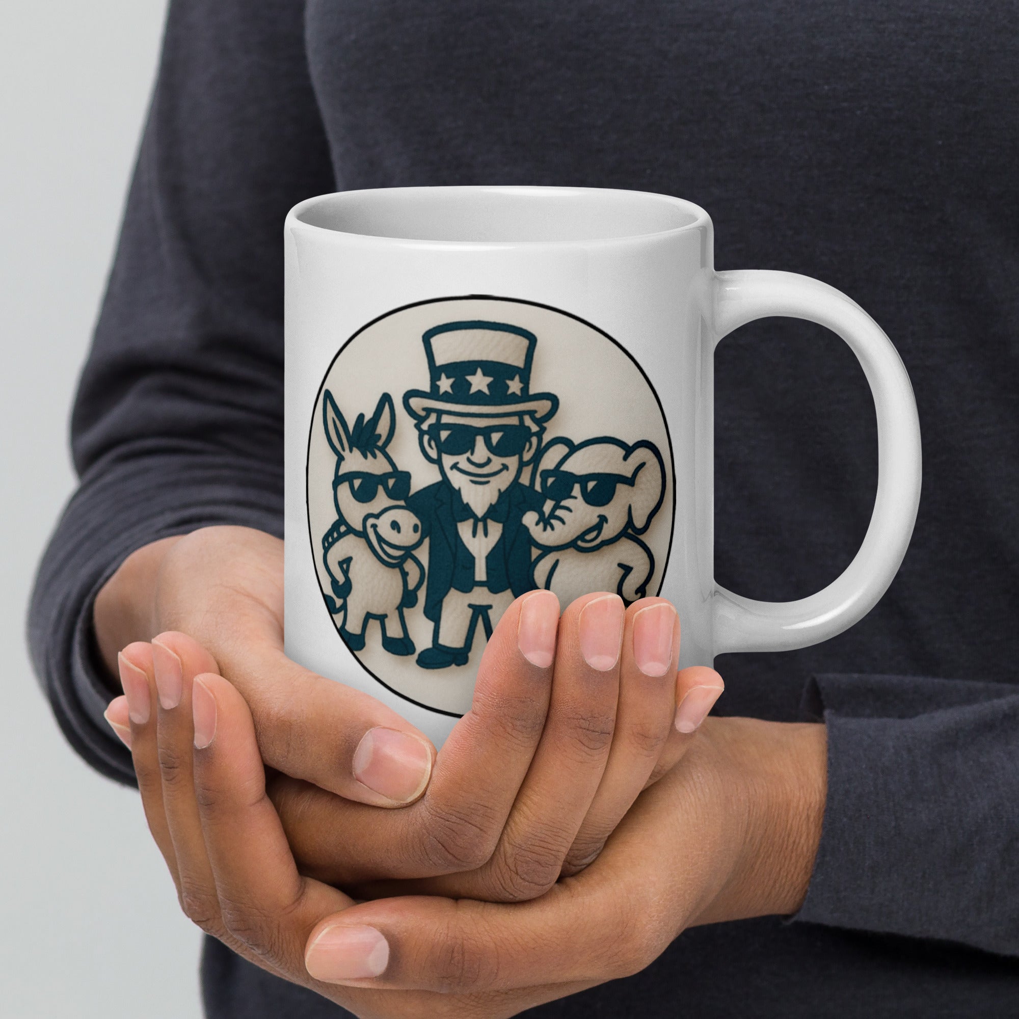 Stuck Between a Donkey and an Elephant - White glossy mug